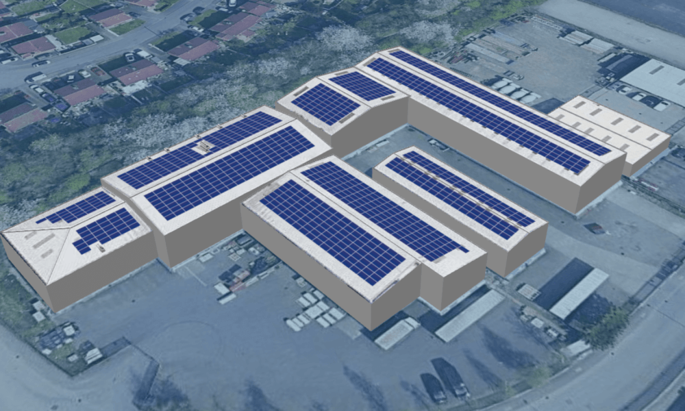 Graphic representation of Unifabs' solar panel arrays on roof