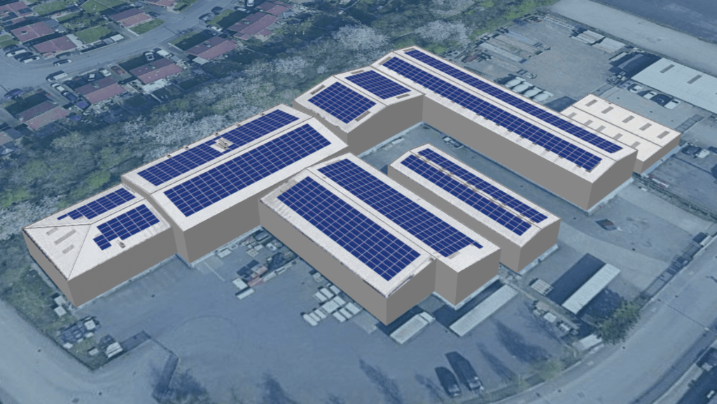 Graphic representation of Unifabs' solar panel arrays on roof